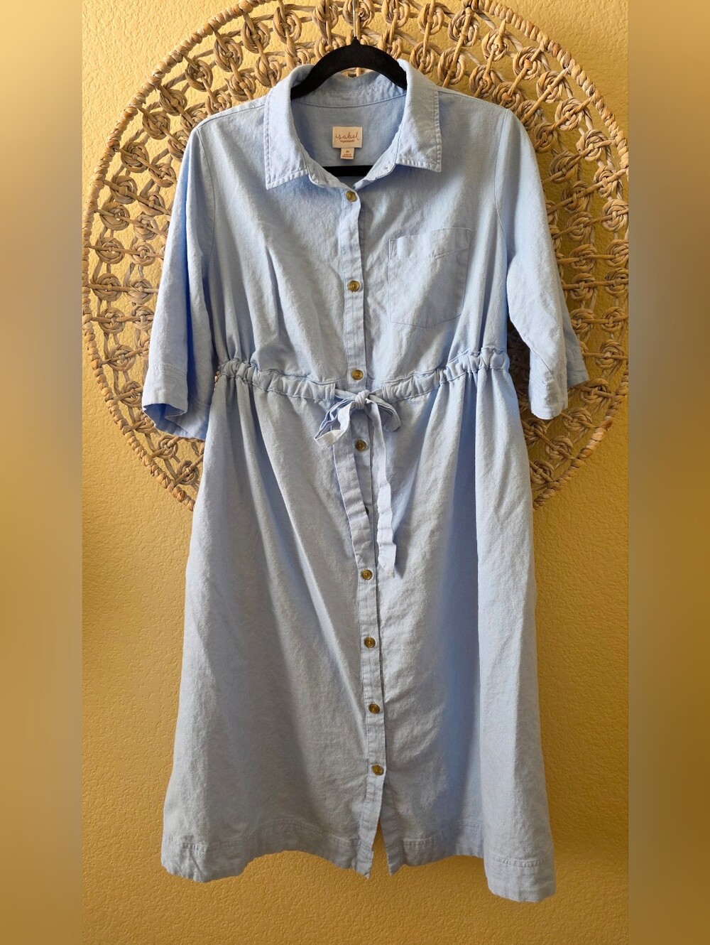 Isabel Maternity Baby Blue Linen Blend Midi Shirtdress Dress Sz M